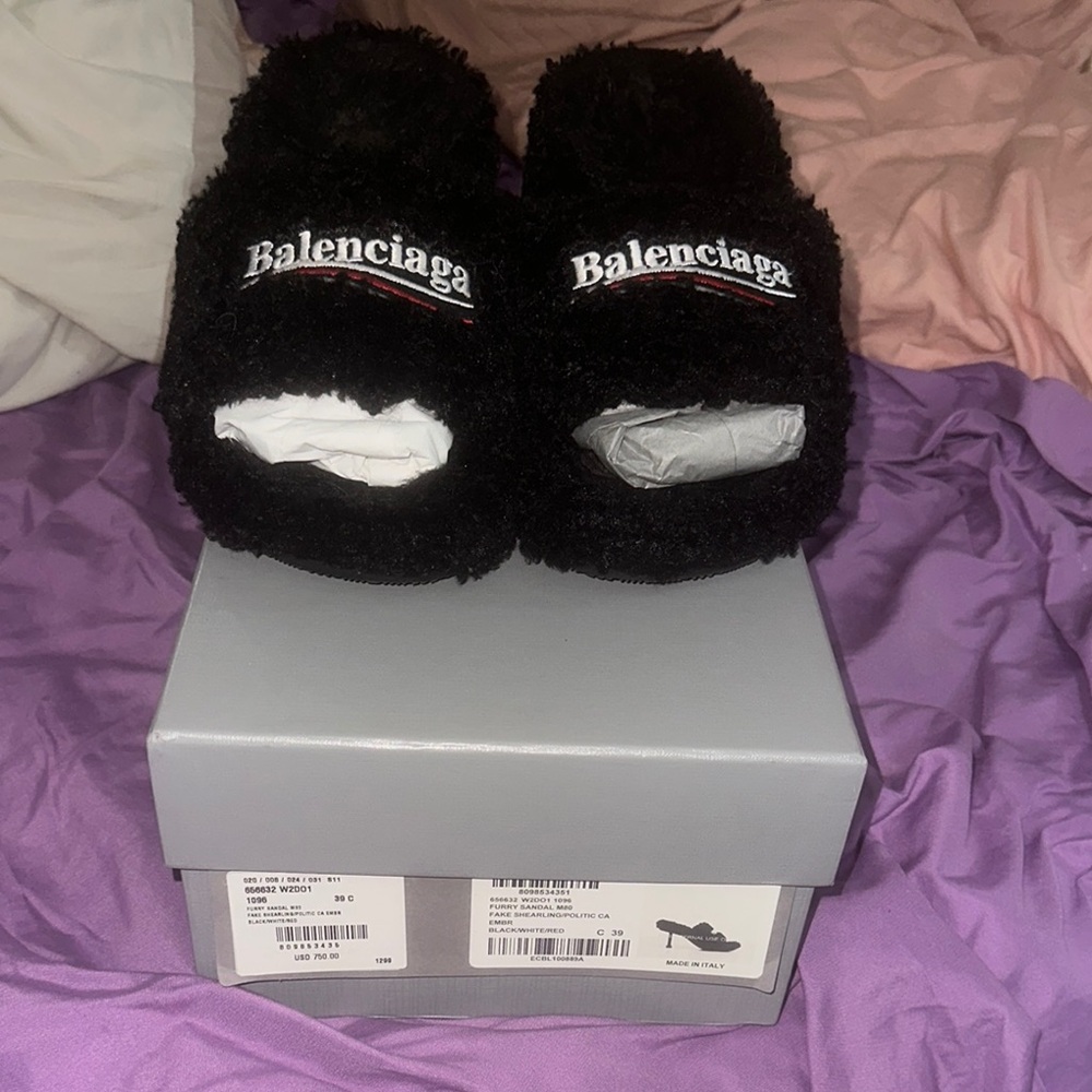 Balenciaga Black Fuzzy Heeled Slippers